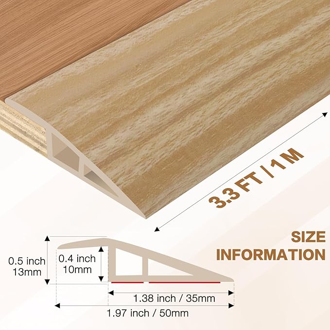Floor Transition Strip Vinyl Door Threshold Ramp Self Adhesive Carpet Edging Strip Doorway Edge Trim, Overlap Edge Reducer for Laminate Carpet, Floor, Tile (Light Yellow Grain, 1/5" to 2/5", 3.3Ft)