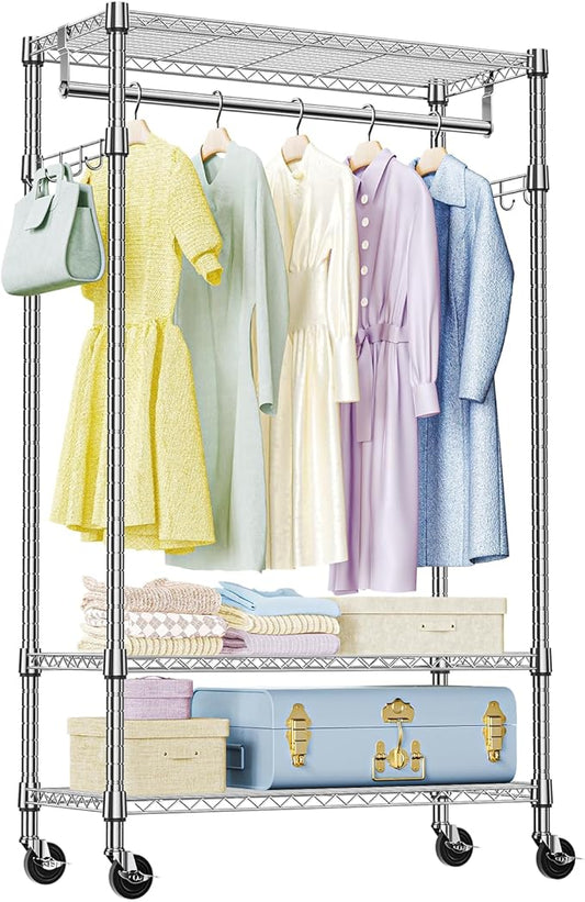 IZEUK Heavy Duty Rolling Garment Rack with 3 Adjustable Wire Shelves, Hanging Rod & Side Hooks - Mobile Clothes Rack with Wheels, 29.5" W x 15.7" D x 75" H,Chrome