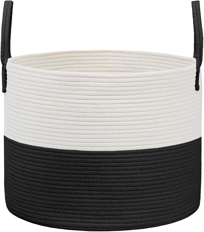 Woven Blanket Basket,115L Large Rope Storage Bin with Handles, Organizer for Blankets Toys Book and Clothes, Laundry Basket for Living Room Bedroom Nursery,White&Black