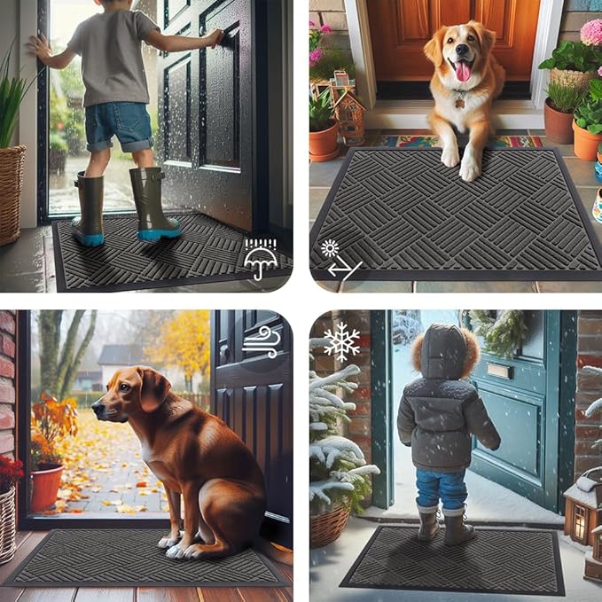 Smiry Front Door Mat Outside Entrance, Heavy Duty Outdoor Indoor Natural Rubber Doormat, Non Slip, Trap Dirt and Moisture, Easy Clean, Low Profile Patio Porch Entryway Mat, 59x35, Grey