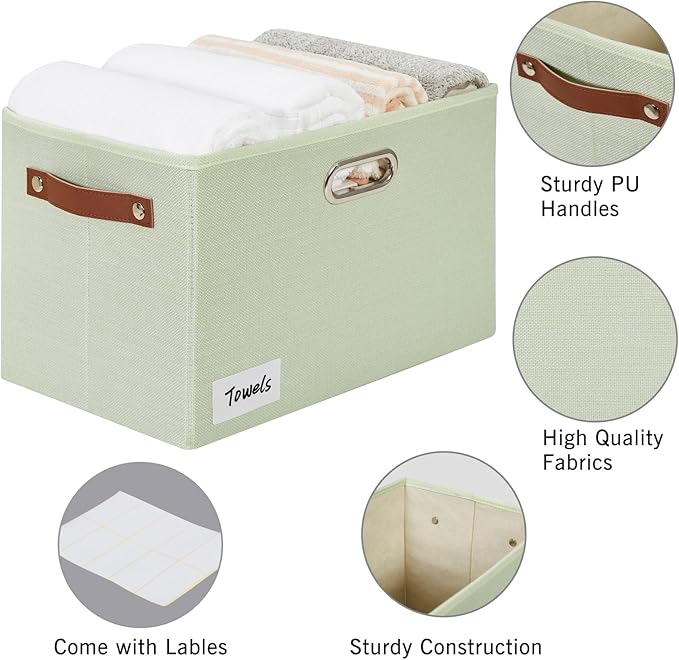 Large 3-Pack Foldable Fabric Storage Bins with Durable PU & Metal Handles, Collapsible Storage Baskets for Shelves, Home Storage, Closet Organizers, Living Room(14.9"x9.8"x9.8", Sage Green)