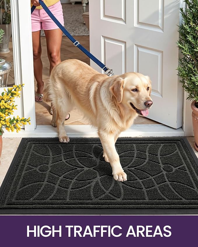 DEXI Front Door Mat Outside Entrance, Heavy Duty Non Slip Low Profile Doormat for Entryway, Trap Dirt and Moisture Welcome Mats, Easy Clean, Patio, Garage, 6x4, Black