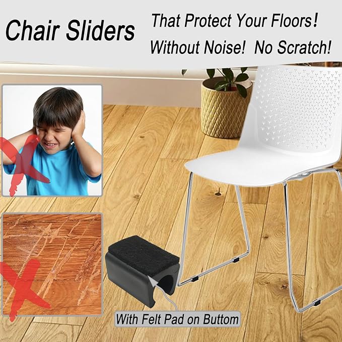 Rectangle U Shaped Chair Leg Tips Cap with Felt Pads,Furniture Feet Protector Slide Smoothly Glides,Protect Hardwood Floor No Scratches No Noise,Fit 16mm(5/8inch) Diameter Tubular Legs (Black 32PCS)