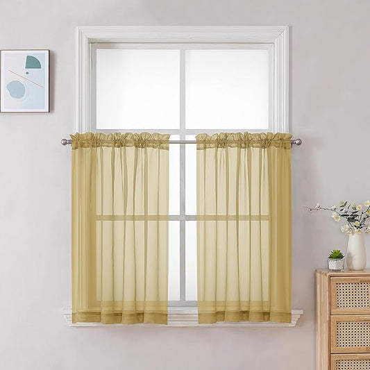 Chyhomenyc Gold Sheer Curtains 36 inch Length 2 Panels Set, Light Filtering Voile Rod Pocket Short Window Curtians for Bathroom Living Room Farmhouse Small Windows, Each 42Wx36L in, 2PCS, Gold