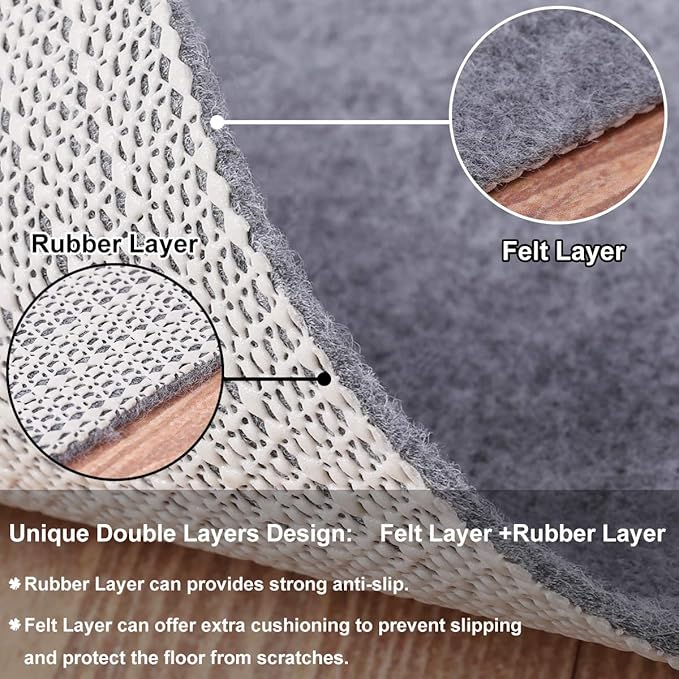 Non Slip Rug Pad Grippers - 2x3, 1/8" Thick, (Felt + Rubber) Double Layers Area Carpet Mat Tap, Provides Protection and Cushioning for Hardwood or Tile Floors