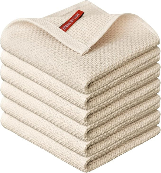 Artoid Mode 100% Cotton Beige Waffle Weave Kitchen Dish Cloths, 12x12 Inch Ultra Soft Absorbent Quick Drying Kitchen Dish Towels Set of 6
