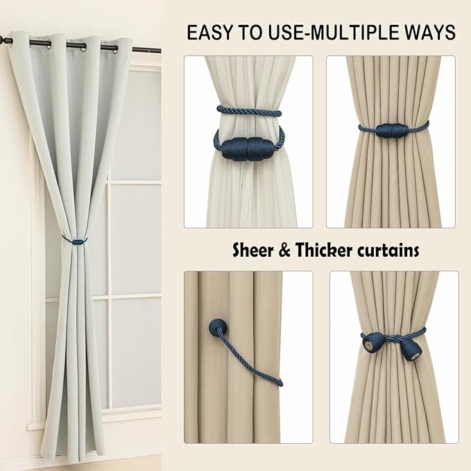Magnetic Curtain Tiebacks - Rope Tiebacks for Curtains & Drapes, Decorative Window Holdbacks (2 Pack, Blue)
