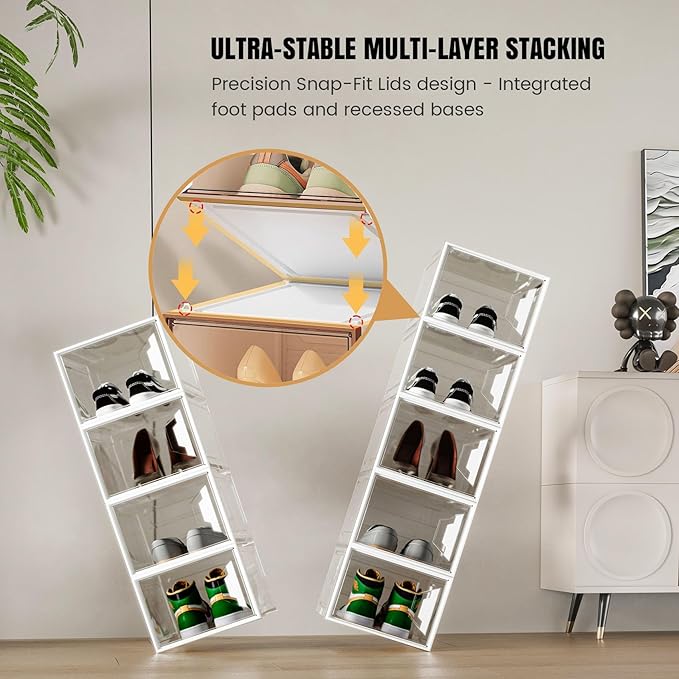 X-Large Stackable Shoe Boxes - Clear Plastic Shoe Storage Boxes with Magnetic Door, Thicken Shoe Organizer for Closet, Space Saving Foldable Shoe Containers Bins for Sneaker Boot - 6 Pack(White)
