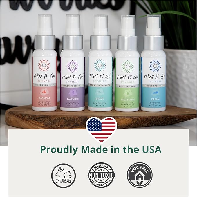 Mist N' Go Travel Toilet Spray - Odor Eliminator & Air Freshener (Fresh Linen) - 2oz x5