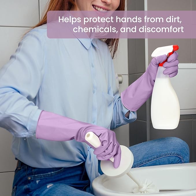 Rubber Cleaning Gloves for Dishwashing, 4 Pairs Reusable Kitchen Gloves for Washing Dishes and Household Cleaning, Purple Dish Gloves with Flocked Lining and Non-Slip Grip, Pefect for Woman Men - L