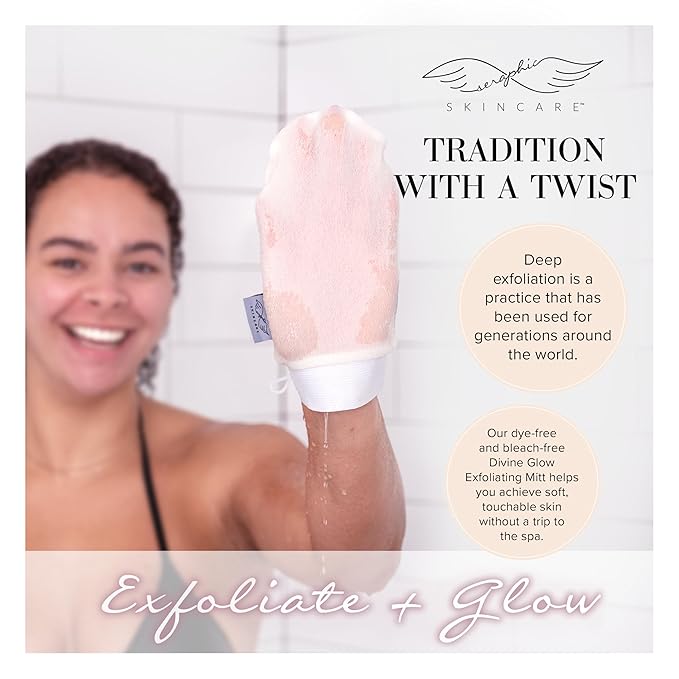 Seraphic Skincare (Original) Divine Glow Exfoliating Mitt (2pcs) – 100% Vegan Viscose Traditional Body Scrub Glove Kessa Korean Washcloth – Body Exfoliator for Self-Tan Removal & Keratosis Pilaris