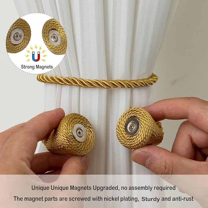 Magnetic Curtain Tiebacks 2 Pack Outdoor Rope Curtain Tie Backs Decorative Window Treatment Holdbacks for Home Decorative Curtain, Gold