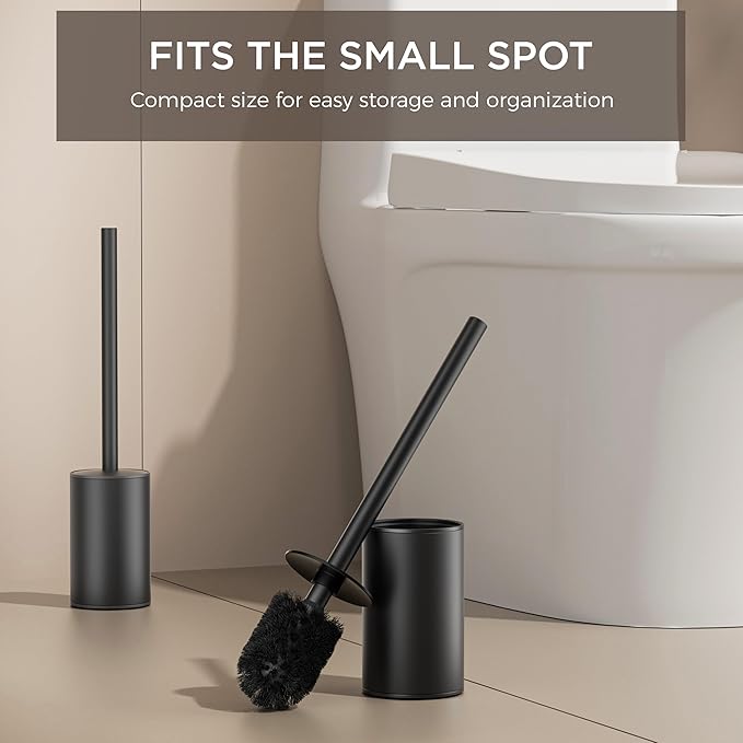 FORIOUS Toilet Brush and Holder Set, 304 Stainless Steel Heavy Duty Base and Handle for Bathroom Deep Cleaning, Toilet Bowl Cleaners Brush with Holder, Space Saving for Storage (2, Matte Black)