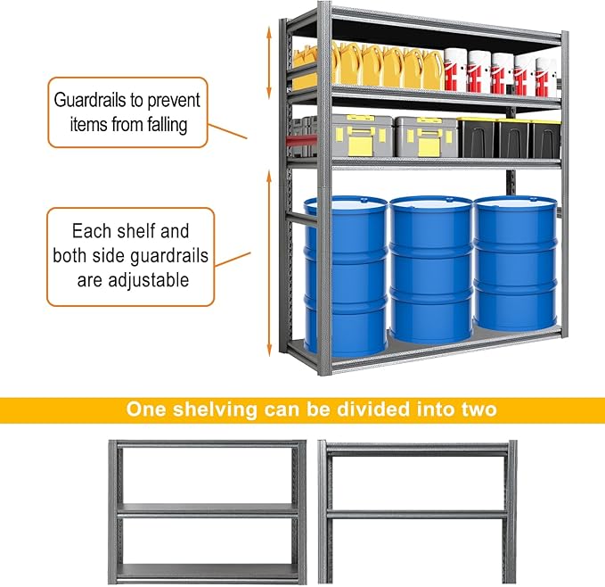 Storage Shelf 5-Tier Garage Shelving, Industrial Shelving with Guardrails, 2500LB Boltless Metal Shelves Heavy Duty for Storage Room, 18" D x 47.2" W x 72" H, Iron Black 2 Pack