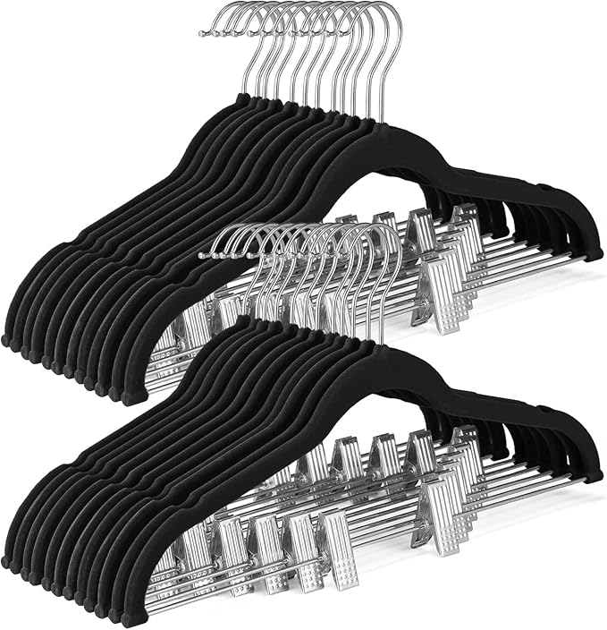 HOUSE DAY Velvet Skirt Hangers 72 Pack, Black Velvet Hanger with Adjustable Clips, Space Saving Slim Pant Hangers, Heavy Duty Non Slip Clip Hanger for Pants, Skirts, Shorts