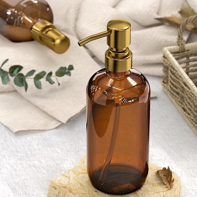 AmazerBath Amber Glass Soap Dispenser, 2 Pack Vintage Brown Bottle with Stainless Steel Pump,17 Oz Hand Dish Soap Dispenser Bottle, Modern Soap Dispensers for Bathroom Kitchen