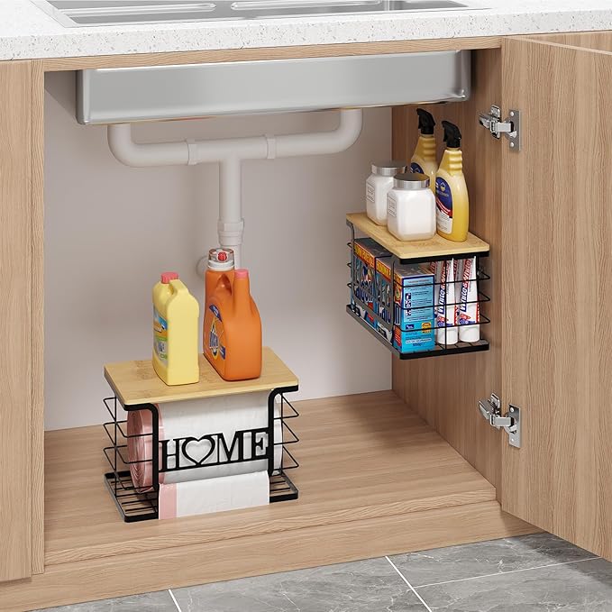 Trash Bag Holder, Thipoten Trash Bags Dispenser with Bamboo Top, Suitable for Garbage Bags Purchased Online or Supermarket, Perfect Storage Organizers for Cabinet, Under Sink (Black, Large)
