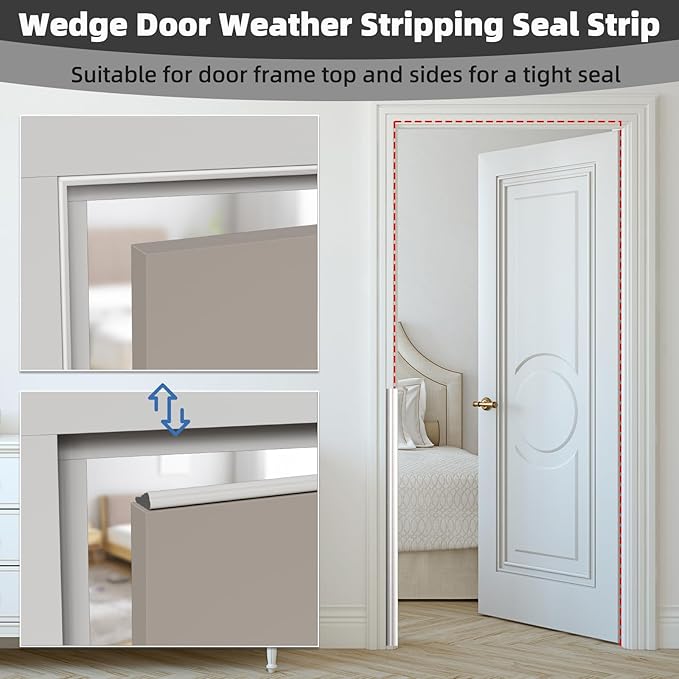 2Pcs×196" Wedge Weather Stripping Door Seal Strip for Door Frame & Window,Self Adhesive Window Insulation Draft Stopper Seal for Winter,Gray Foam Door Gap Filler for Soundproofing Light Blocker,White