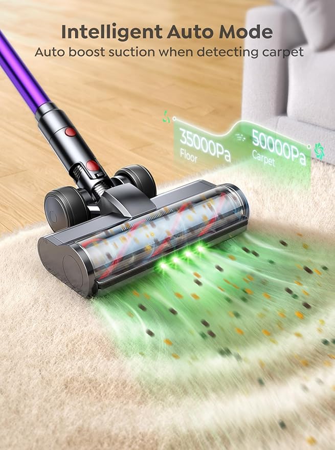 Cordless Vacuum Cleaner, 600W 50KPA 65 Mins Vacuum Cleaners for Home, Cordless Stick Vacuum with Powerful Suction, Wall Mount Charging Dock, Rechargeable Vacuum for Pet Hair/Carpet/Hardwood Floors