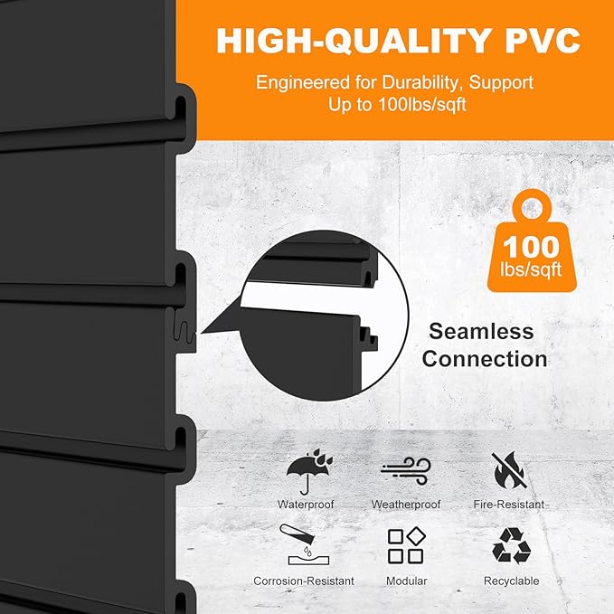DoCred Slatwall Paneling Organizer, 4x4 FT PVC Garage Slat Wall Storage Systems, Heavy Duty Mounted Slat Peg Board for Tool Organization Ladder Bike Includes 20 PCS Hooks Accessories Kit (Black)