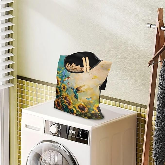 2 Pcs Clothes Pin Hanging Bag with Big Opening Storage Clothes Pins & Mini Clothespins，Hanging Laundry Bag Fits Retractable Clothes Line Outdoors（Hummingbird Sunflower）