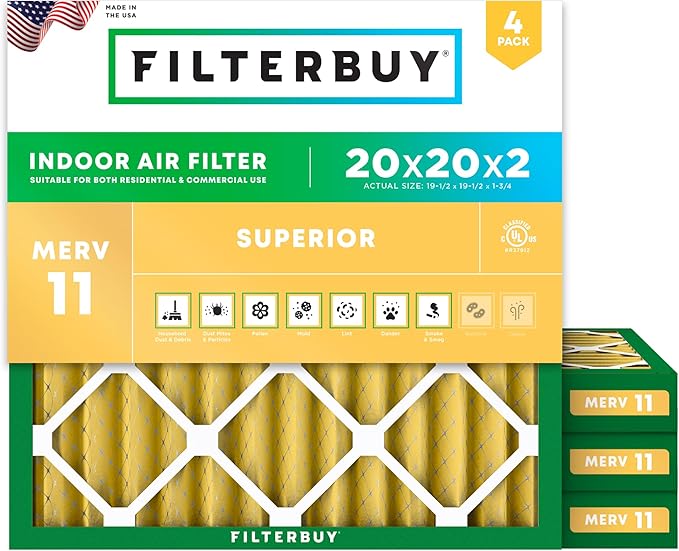 Filterbuy 20x20x2 Air Filter MERV 11 (MPR 1200) Allergen Defense Replacement (4-Pack), Electrostatic Pleated HVAC AC Furnace Filters, Made in USA (Actual Size: 19.50 x 19.50 x 1.75)