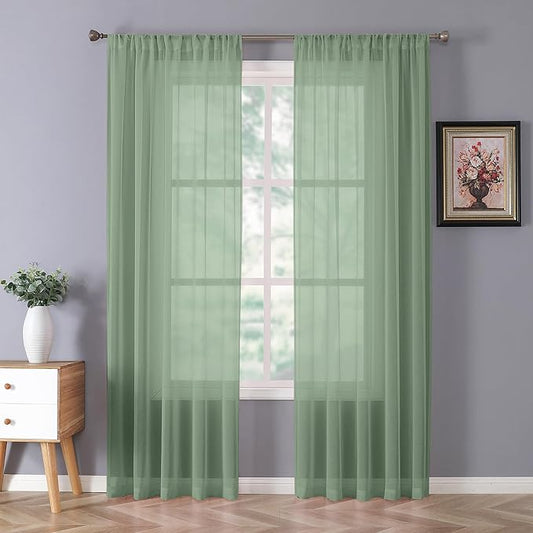 Tollpiz Sheer Curtains Linen Textured Bedroom Curtain Sheers Light Filtering Rod Pocket Voile Curtains for Living Room, 54 x 84 inches Long, Sage Green, Set of 2 Panels