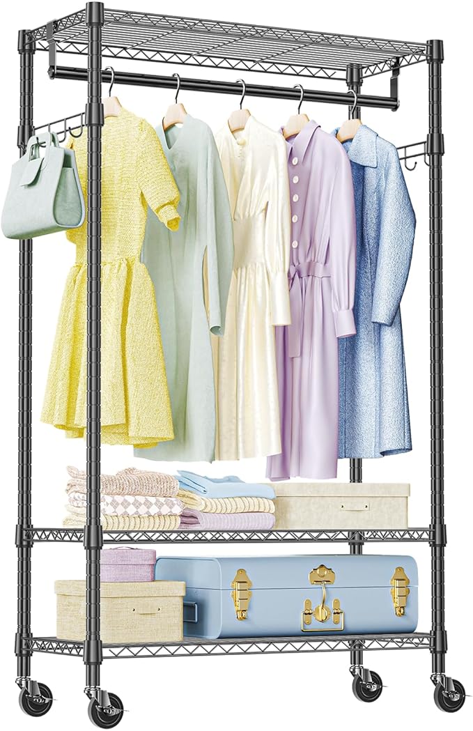 IZEUK Heavy Duty Rolling Garment Rack with 3 Adjustable Wire Shelves, Hanging Rod & Side Hooks - Mobile Clothes Rack with Wheels, 29.5" W x 15.7" D x 75" H, Black