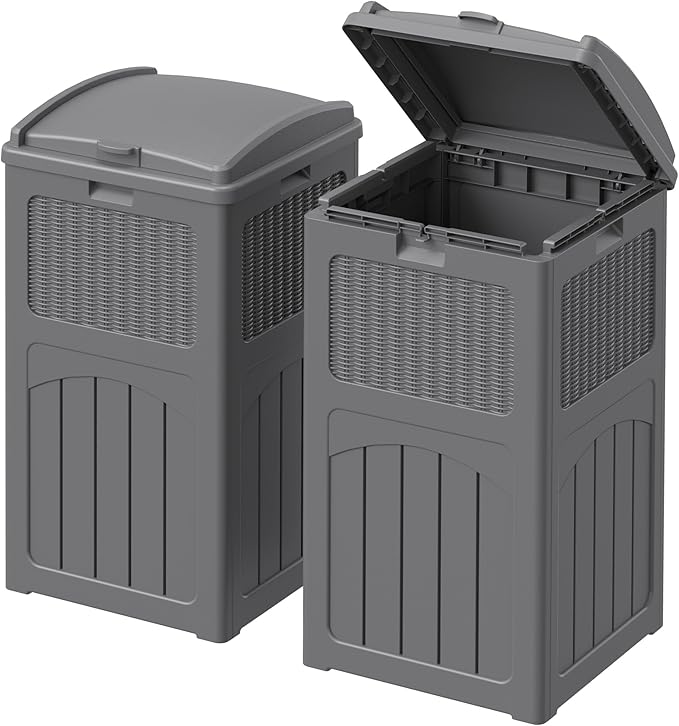 Devoko 33 Gallon Outdoor Trash Can with Dual Lid, Heavy Duty Waterproof Resin Garbage Bins Outside, Hideaway Waste Bins for Patio, Outside Pool, Backyard and Deck (2, Gray)
