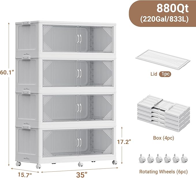 220Gal Plastic Stackable Storage Bins with Lid, 880QT Extra Large Closet Organizers Collapsible Cabinets Boxes With Drawers, Foldable Containers with 6x Wheels for Home Kitchen, V60 4Pack White