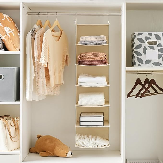 MAX Houser 6 Tier Shelf Hanging Closet Organizer, Cloth Hanging Shelf with 2 Sturdy Hooks for Storage, Foldable (Beige)