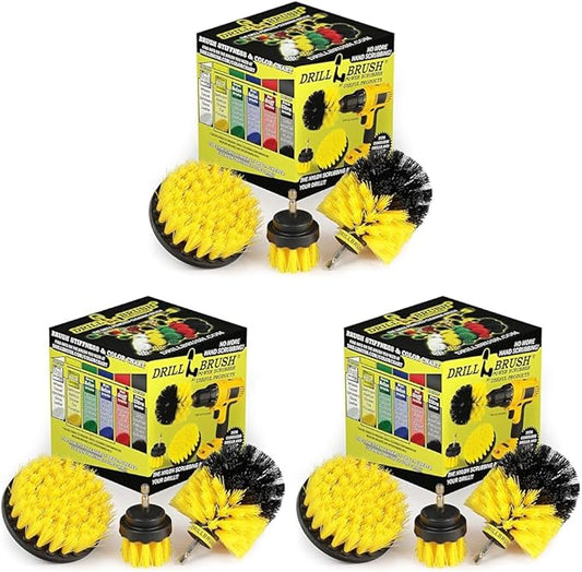 Drillbrush Bathroom Surfaces Tub, Shower, Tile & Grout All-Purpose Power Scrubber Cleaning Kit - 3 Count Nylon Bristle Drill Brushes - Yellow