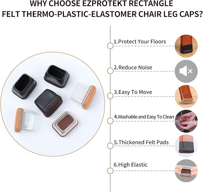 Ezprotekt 16 Pcs Rectangle Silicone Chair Leg Floor Protectors, Felt Rectangle Black Furniture Leg Cap Covers for Chair Table Desk - Anti- Scratches (Fit L :1.3-1.7", W: 0.9-1.2")
