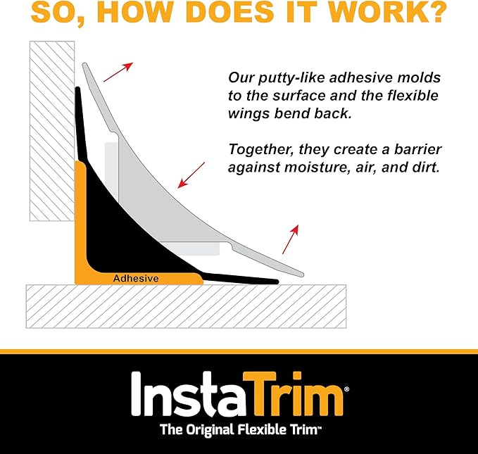 InstaTrim The Original Flexible Trim - 10ft Black 1/2" Wide Caulk Tape - Adhesive Trim with Many Uses Including Caulking for Bathtubs, Sinks, Counters, Tile, Floors - Made in USA