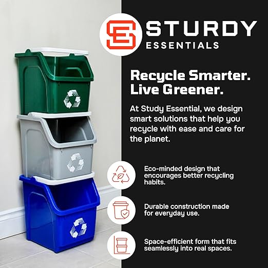 Multi Recycling Bin System with Three Stacking 6 Gallon Bins with Carrying Handles, Stackable and Compact for Offices, Homes, Garages, Businesses - (Yellow, 3 Pack)