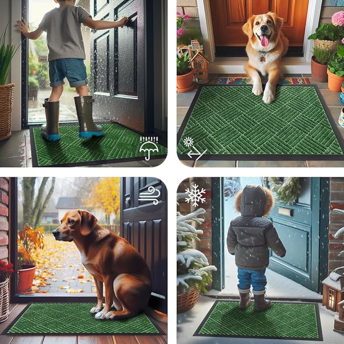 Smiry Front Door Mat Outside Entrance, Heavy Duty Outdoor Indoor Natural Rubber Doormat, Non Slip, Trap Dirt and Moisture, Easy Clean, Low Profile Patio Porch Entryway Mat, 29.5x17, Green