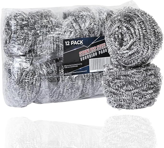 Brheez Stainless Steel Cleaner Scouring Pads [12 Pack] - Industrial & Commercial Strength Large Cleaning Supplies Dish Sponge - Individually Wrapped 80 Gram