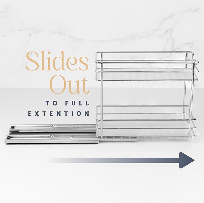 Pull Out Cabinet Organizer for Spices, Cans - Heavy Duty with Lifetime Limited Warranty- Pull Out Spice Rack- Cabinet Pull Out Shelf for Cans,Dishes, Etc, 4-1/2"W x 10-3/8"D x 8-7/8H, Chrome