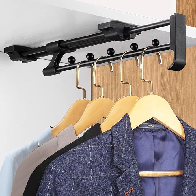 30cm Pull Out Closet Rod Heavy Duty Retractable,17 FT Indoor and Outdoor Retractable Clothesline,Wall Mounted Stainless Steel Retractable Clothesline (Dark Black)