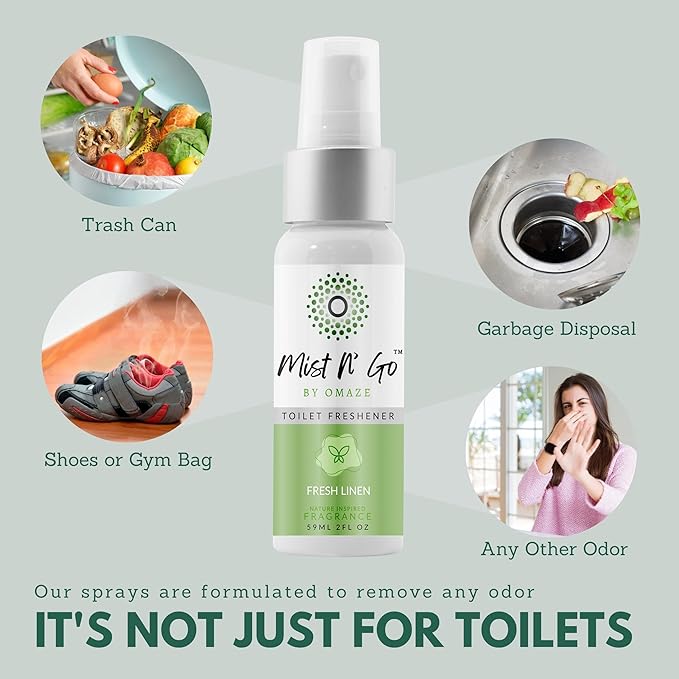 Mist N’ Go by Omaze Travel Bathroom Spray for Toilet Spray Odor Eliminator - Travel Toilet Spray for Bathroom Air Freshener Spray for Bathroom Deodorizer - Fresh Linen Regular Size (2oz x3)