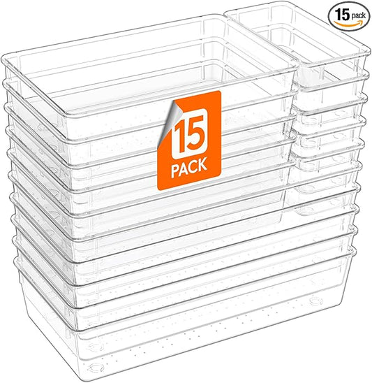 Lifewit 15 Pcs Large Bathroom Drawer Organizers, 3 Sizes Clear Plastic Storage Organizer Trays for Make Up, Kitchen Utensils, Vanity Accessories in Bathroom/Office/Dresser Organization