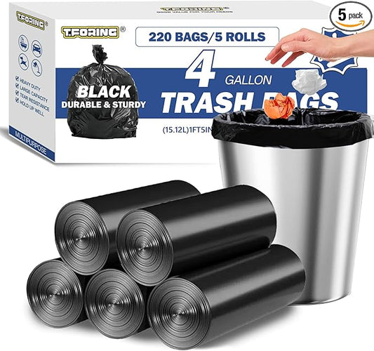 Small Trash Bags 4 Gallon - 0.94 Mil Thick 220 Count Heany Duty 15 Liters Black Garbage Bags,Leakproof Durable and Unscented Weastbasket Can Liners for Bathroom Bedroom Home