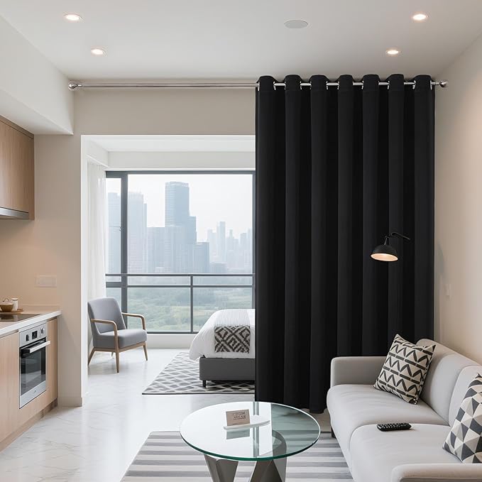 Joydeco Blackout Patio Sliding Door Curtains 108 Inches Long, Grommet Privacy Room Divider Curtains, Extra Wide Thermal Blackout Drapes for Bedroom Living Room (Black, 100Wx108L, 1 Panel)