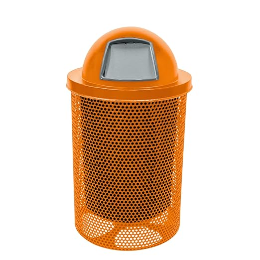 COATEDOUTDOORFURNITURE Coated Outdoor Furniture 32-Gallon Heavy-Duty Punched Steel Round Trash Receptacle, Commercial Outdoor Waste Bin with Liner & Dome Lid – Made in America (Textured Orange)