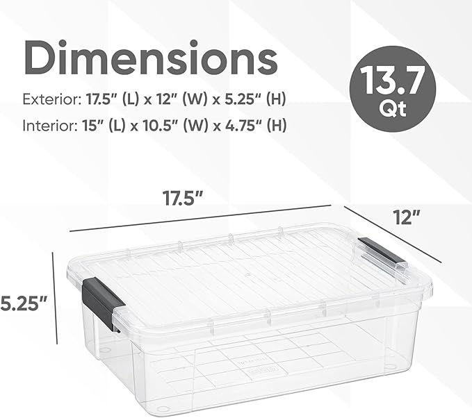 Superio Clear Storage Boxes with Lids, 16 Quart Plastic Container Bins for Organizing, Stackable Crates, BPA Free, Non Toxic, Odor Free, Organizers for Home, Office, School, and Dorm