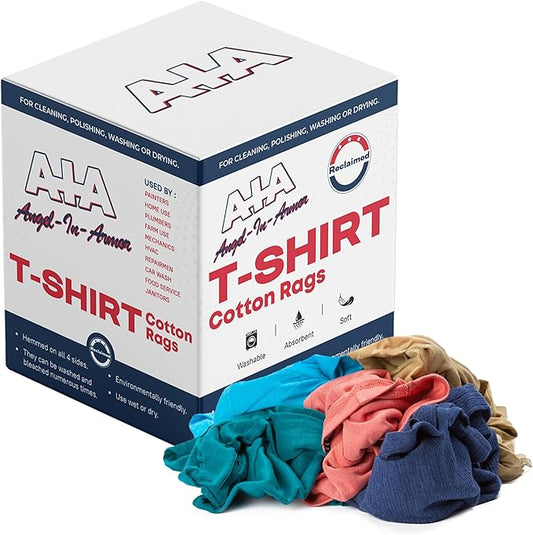 Angel-in-Armor Colored T-Shirt Rags – 5lb Box of Recycled Cotton Knit Shop Rags – Low Lint Cleaning Cloths for Mechanics, Oil Changes, Industrial and Commercial Use