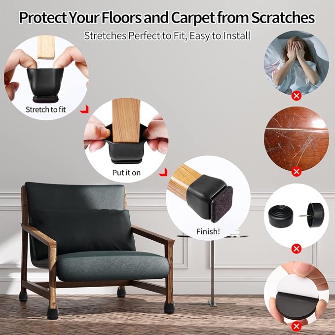 Ezprotekt 24 Pcs Square Silicone Chair Leg Floor Protectors, Felt Furniture Pads Covers for Table, Bar Stool Leg Floor Protectors Caps, Chair Socks Sliders for Wood Floors (Fit 0.8"- 1.1", Black)