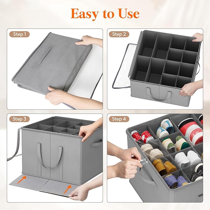 Lifewit Shoe Storage Organizer for Closet Fits 12-16 Pairs, Fabric Large Shoe Box Storage Containers with Clear Cover, Foldable Bins Fit for Boots Sneakers 17"(L) x 17"(W) x 12.5"(H) 3 Pack Light Gray