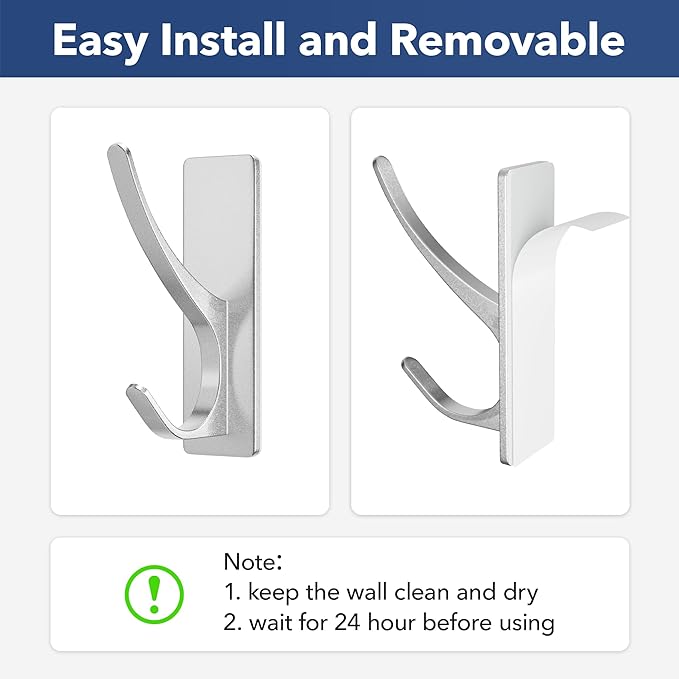 Self-Adhesive Coat Hooks for Hanging - Heavy Duty Stainless Double Wall Hook for Towel, Backpack, Hat, Sturdy Metal Hanger for Bathroom, Bedroom, Door, Wall Mounted, 4-Pack, Silver, New