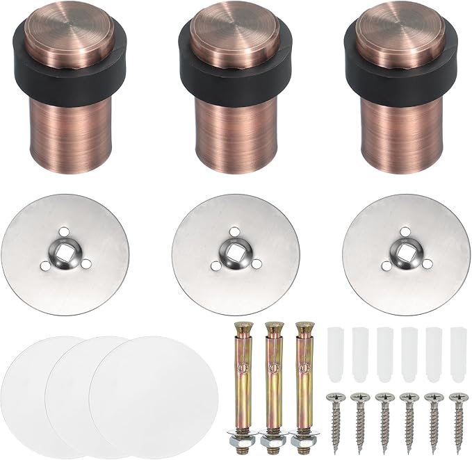 PATIKIL 3Set Round Door Stoppers, 60mm Stainless Steel Door Stop Doorstop Wedge Metal Cylinder Self Adhesive with Screw for Bottom of Door Floor Inside, Gold Tone